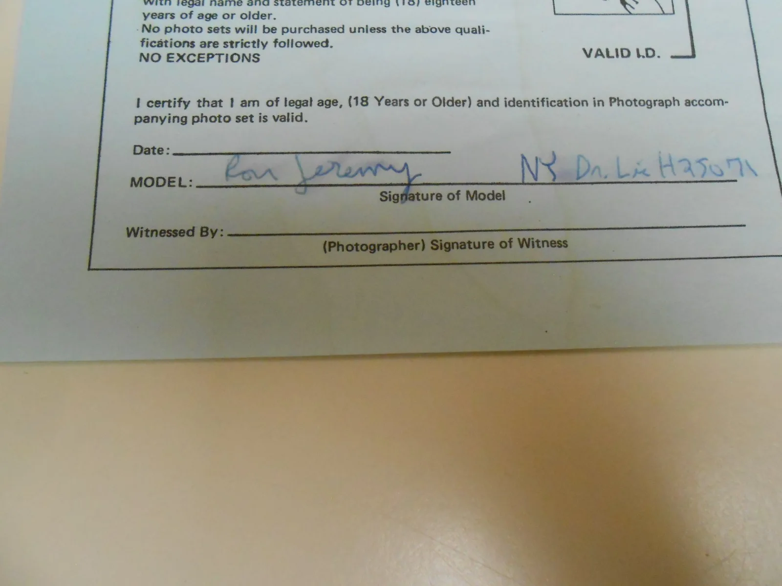 Rare 1 Of A Kind Triple Signed Ron Jeremy Model Release Form, изображение 5