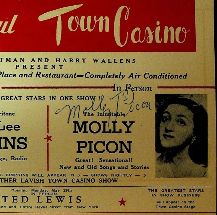 Molly Picon 1947 Signed Souvenir Program Card Town Casino Buffalo NY, изображение 3