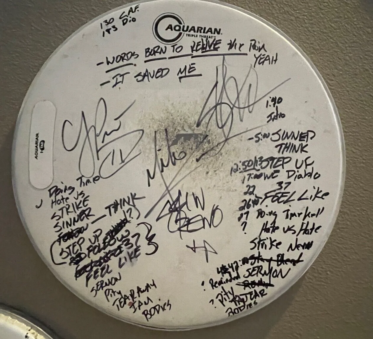 Authentic Band Signed ~ DROWNING POOL Signed Drumhead w Set List & Lyrics, image 2