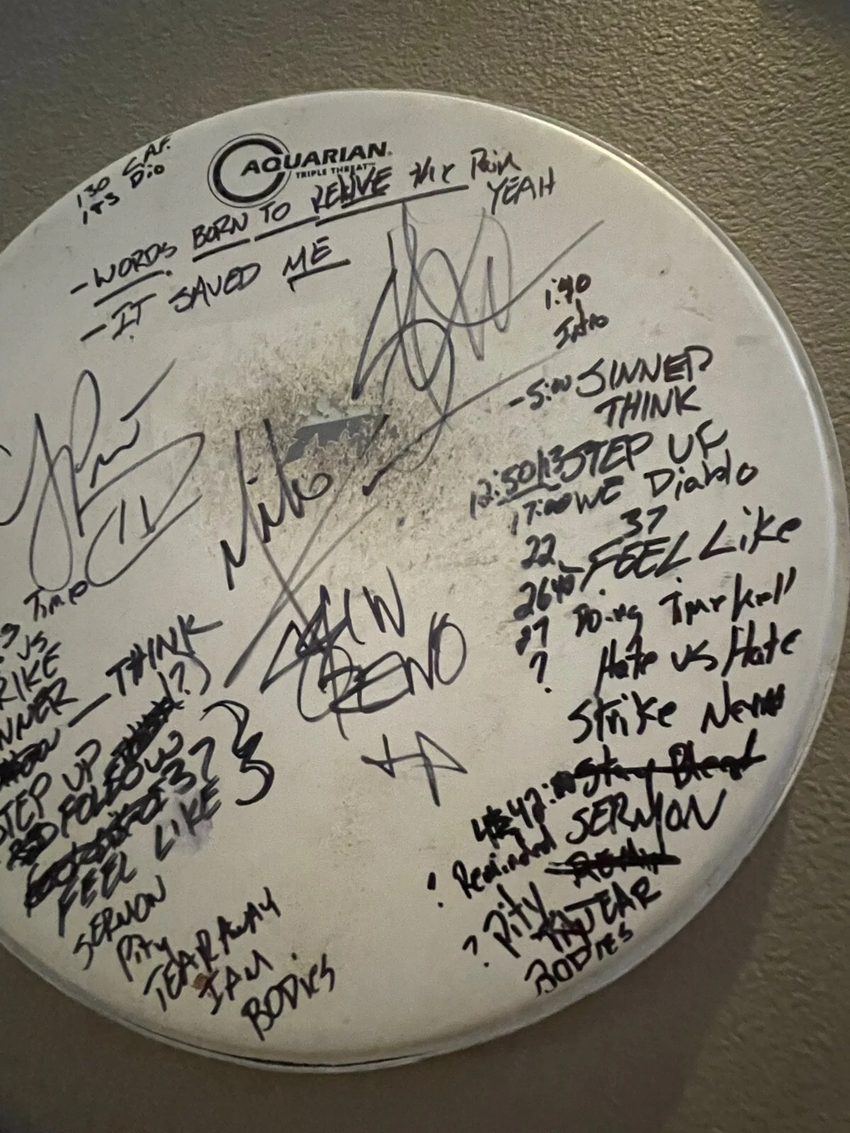 Authentic Band Signed ~ DROWNING POOL Signed Drumhead w Set List & Lyrics, image 3