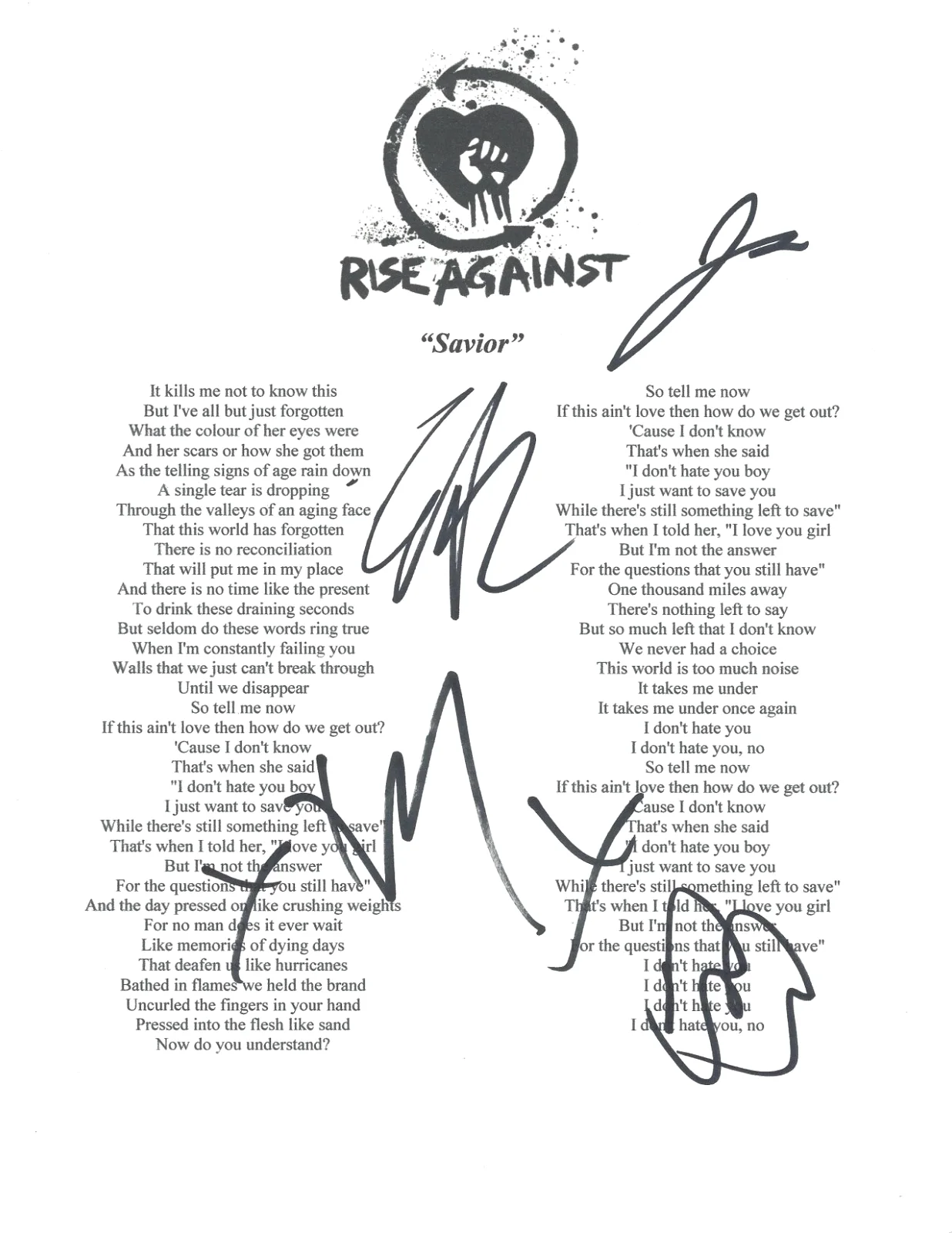 RISE AGAINST BAND SIGNED 'SAVIOR' LYRIC SHEET COA TIM MCILRATH MUSIC AUTOGRAPH, изображение 2