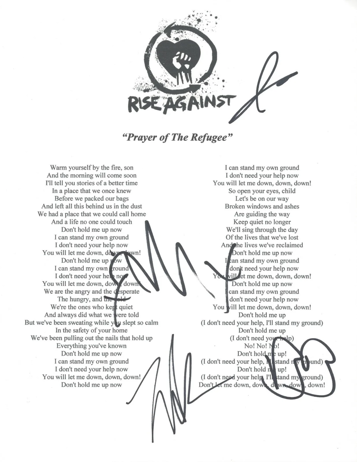 RISE AGAINST BAND SIGNED 'PRAYER OF THE REFUGEE' LYRIC SHEET COA X4 AUTOGRAPH, изображение 2