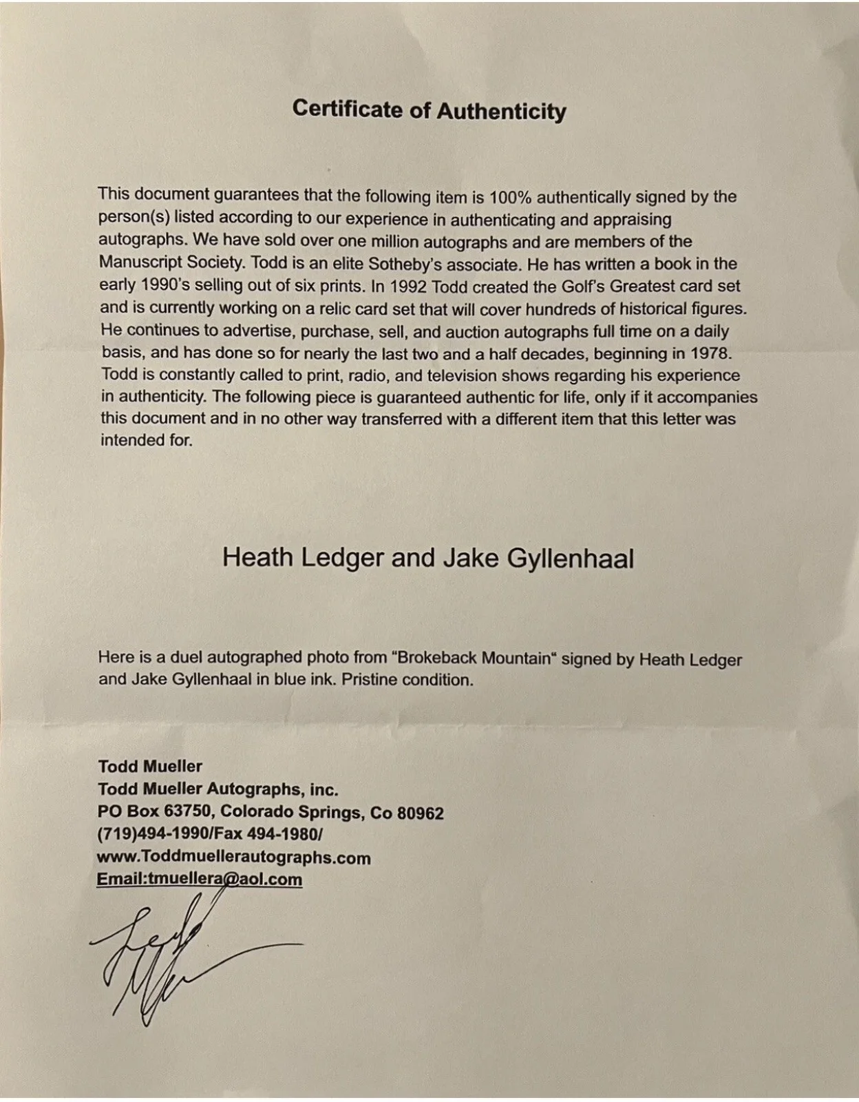 Heath Ledger, Jake Gyllenhaal — Heath Ledger & Jake Gyllenhaal Signed Photo Todd Mueller COA Brokeback Mountain, image 3