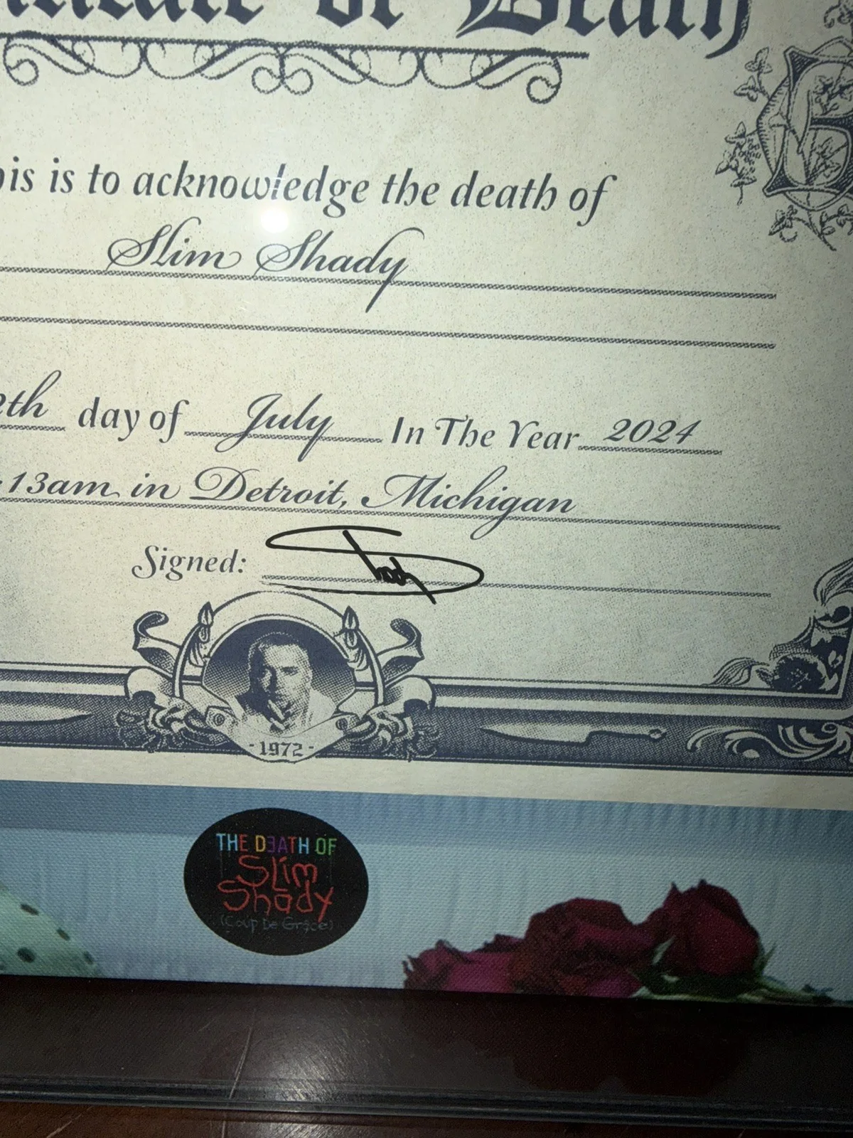 Eminem Autographed Signed Death of Slim Shady Death Certificate Limited To 150, изображение 2