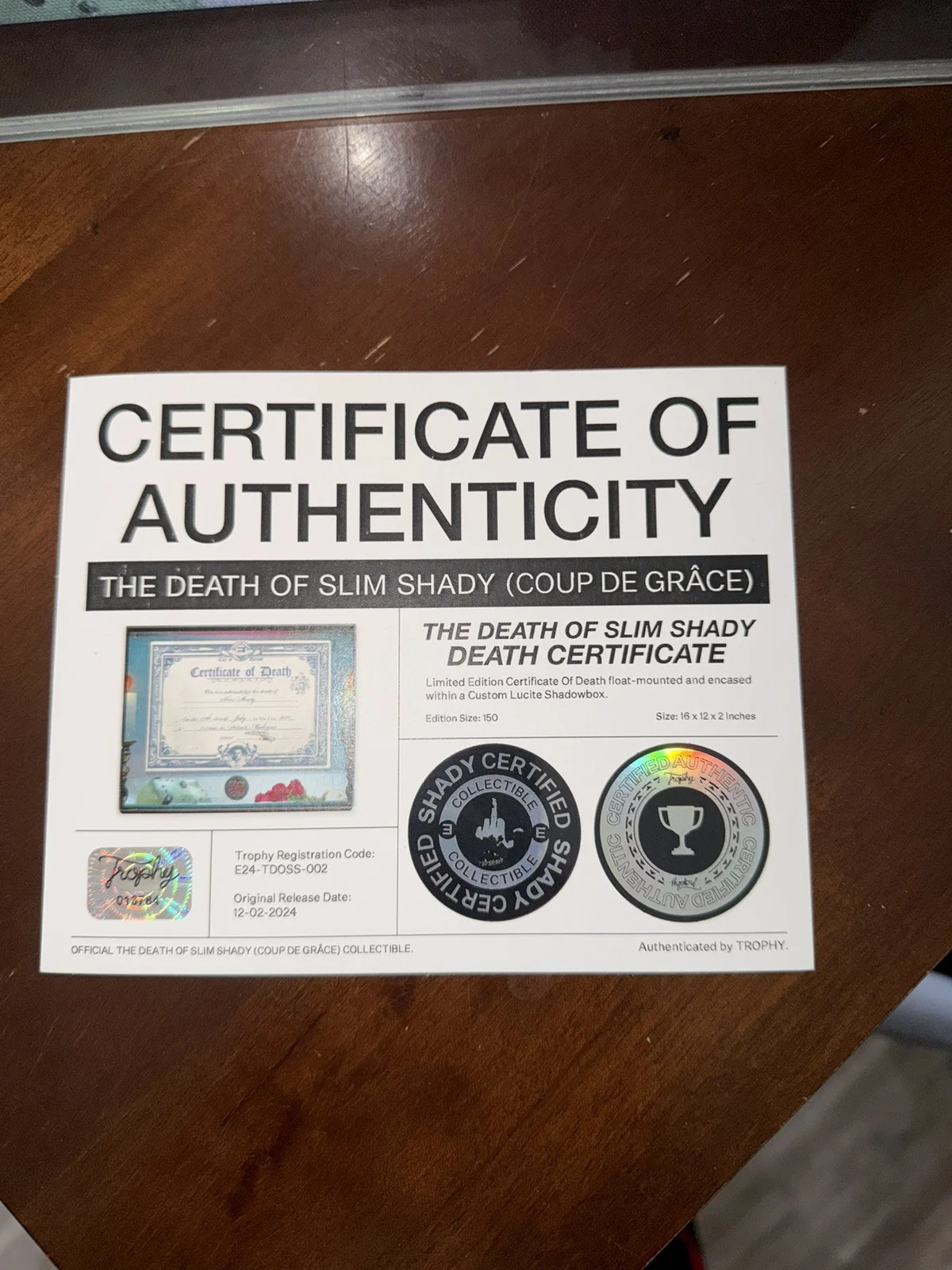 Eminem Autographed Signed Death of Slim Shady Death Certificate Limited To 150, изображение 3