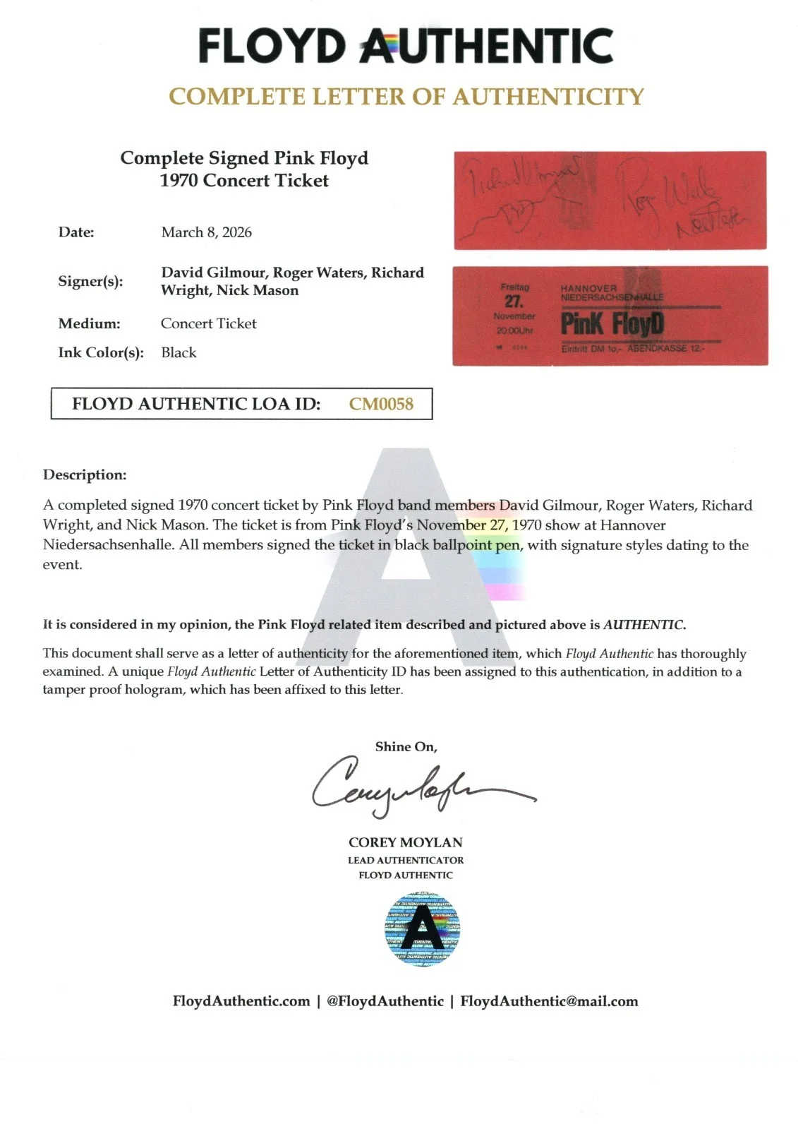 1970 PINK FLOYD fully autographed signed concert ticket Hannover Germany-Beatles, изображение 5