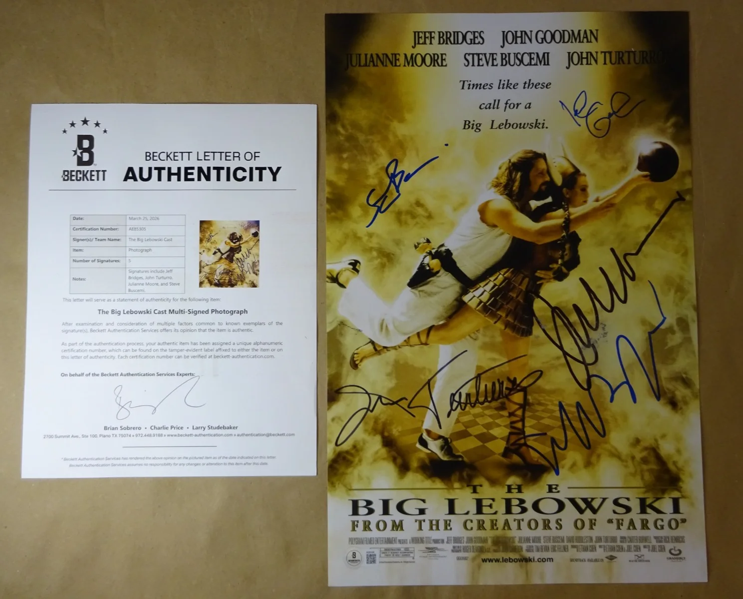 John Goodman, Jeff Bridges, John Turturro, Julianne Moore, Steve — Signed The Big Lebowski Autographed 11"x17" Photo Goodman Bridges BAS COA