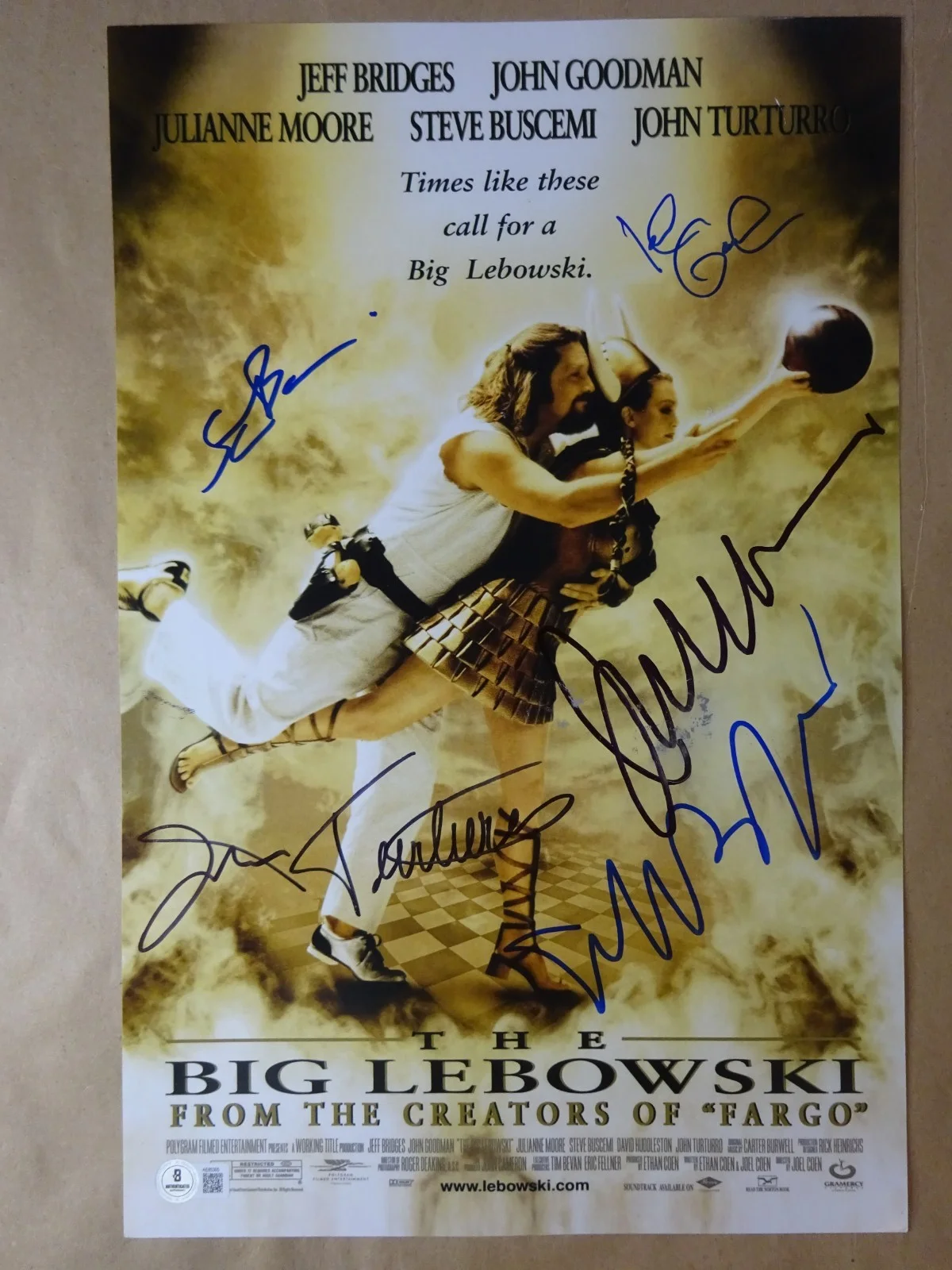 John Goodman, Jeff Bridges, John Turturro, Julianne Moore, Steve — Signed The Big Lebowski Autographed 11"x17" Photo Goodman Bridges BAS COA, image 2