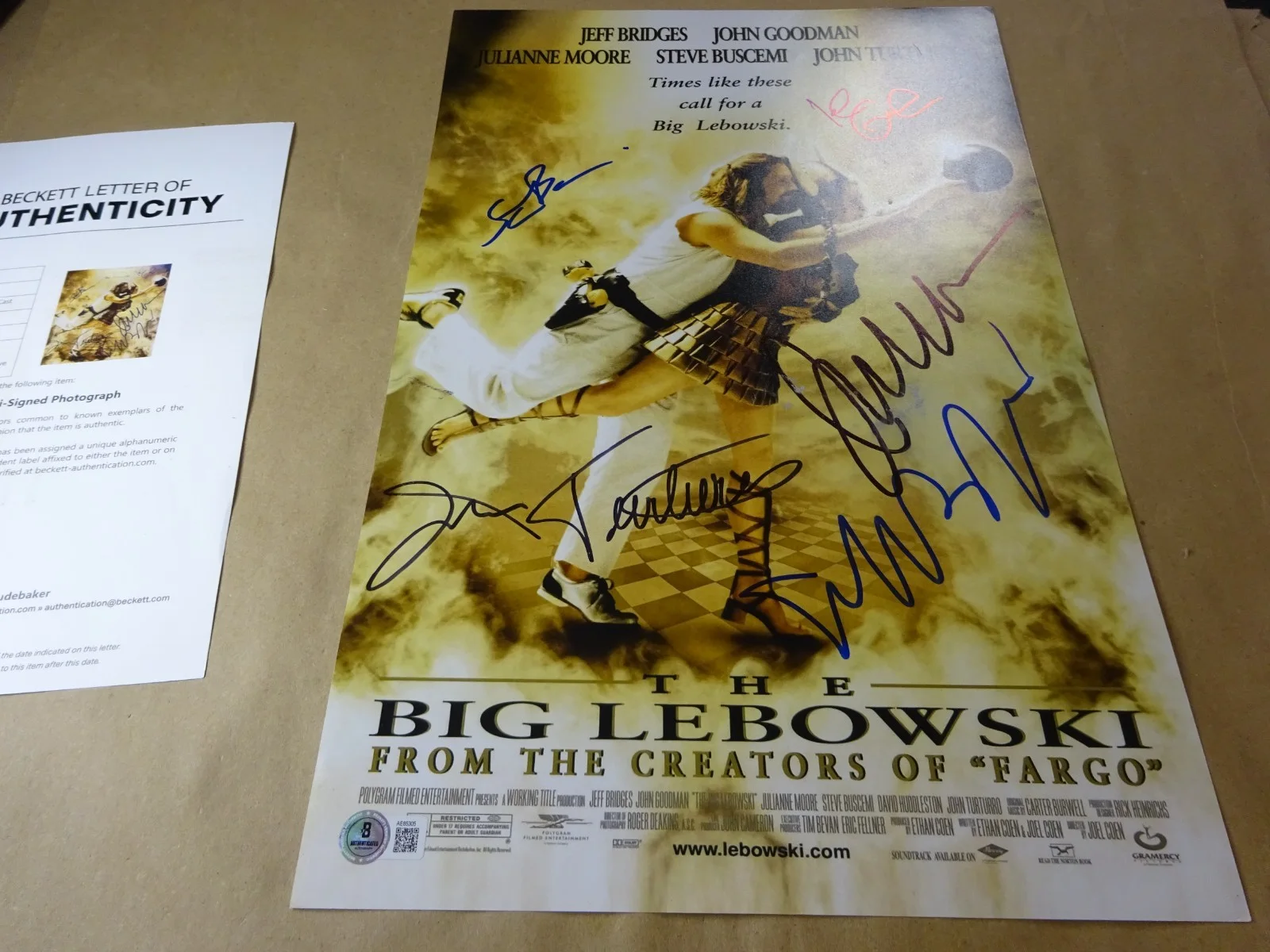 John Goodman, Jeff Bridges, John Turturro, Julianne Moore, Steve — Signed The Big Lebowski Autographed 11"x17" Photo Goodman Bridges BAS COA, image 3