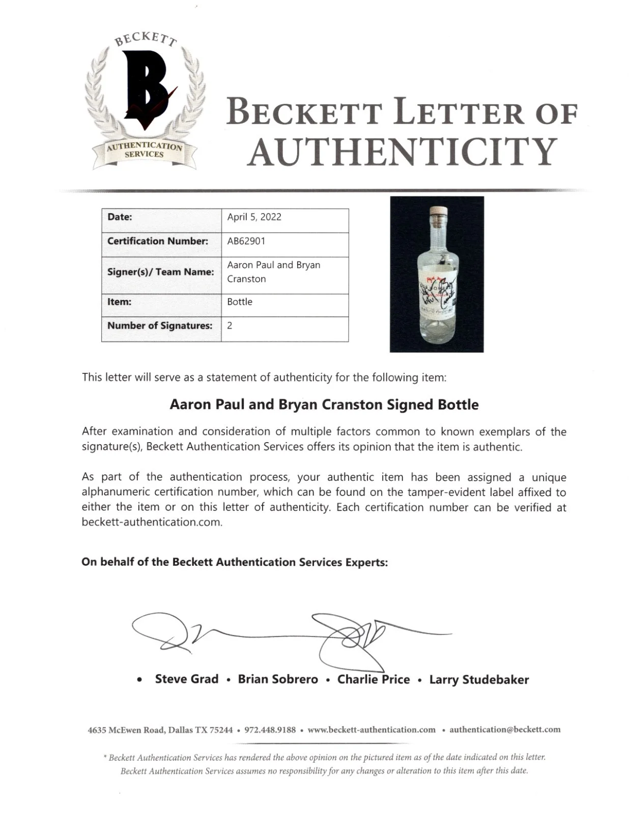 Bryan Cranston — Bryan Cranston Aaron Paul Signed Dos Hombres Bottle Beckett LOA Breaking Bad, image 4