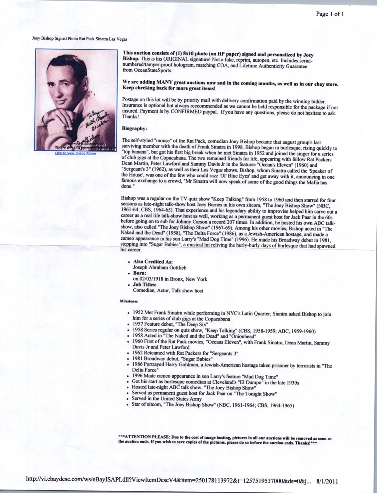 Joey Bishop — Joey Bishop- Signed Photo - Certified-Casino Legends Hall of Fame, изображение 2