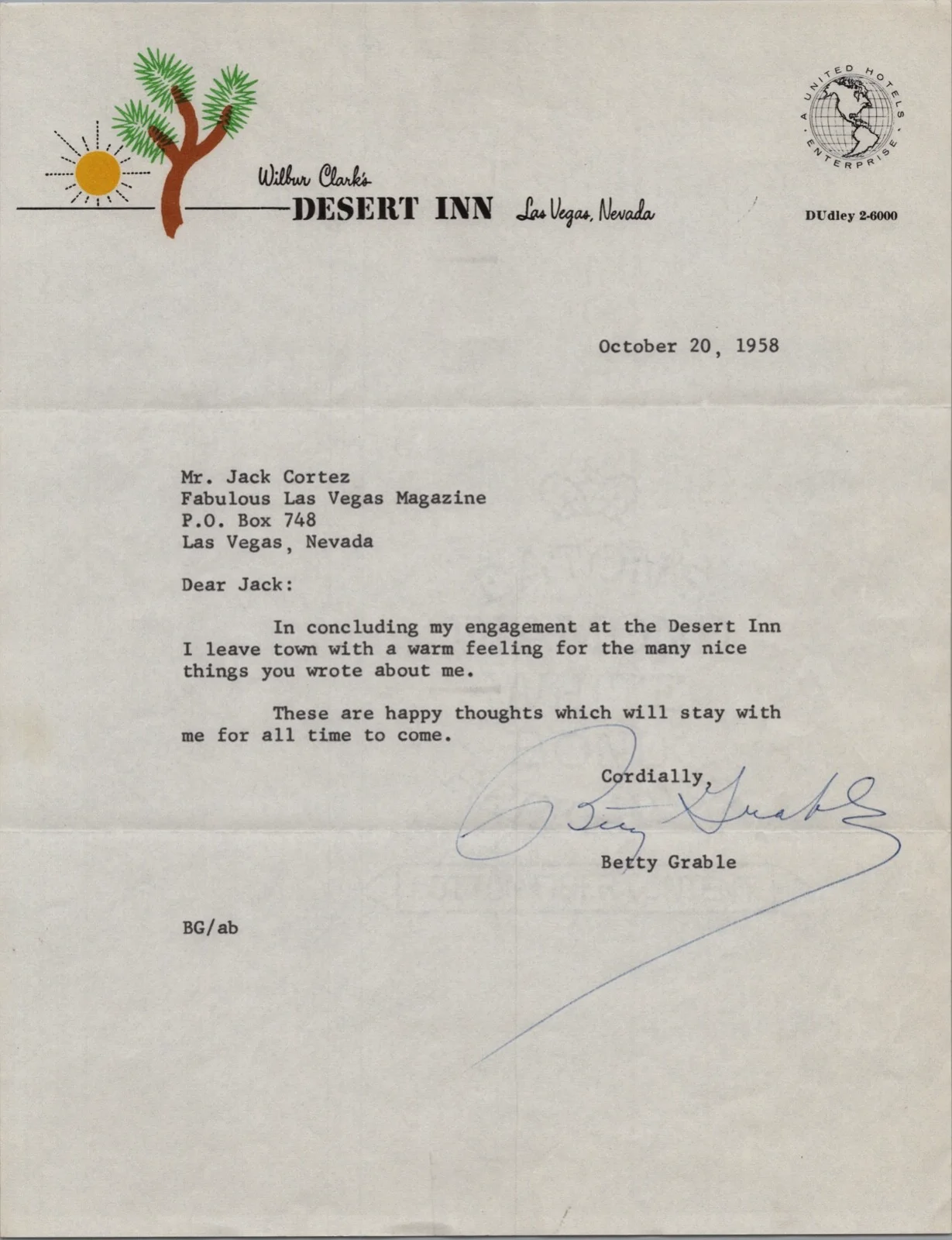 Betty Grable — Betty Grable Letter 1958 Desert Inn Jack Cortes- Casino Legends Hall of Fame