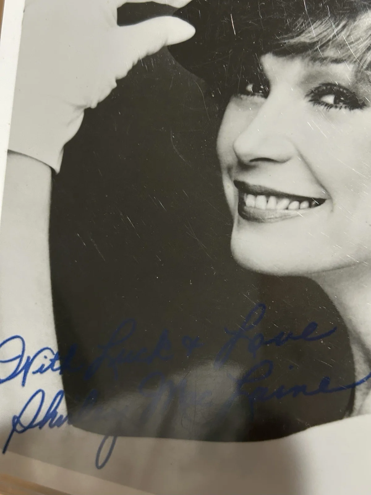 Shirley MacLaine signed photograph black & white in blue pen, image 2