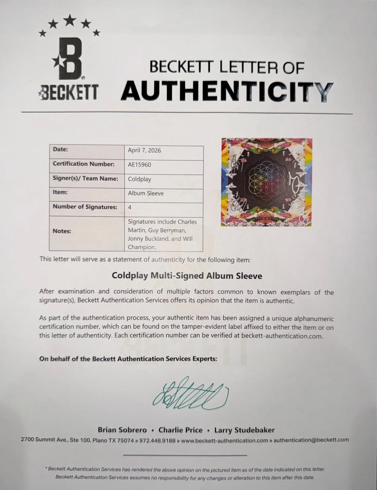COLDPLAY COMPLETE X4 SIGNED VINYL ALBUM HEAD FULL OF DREAMS BECKETT BAS CERT, image 2
