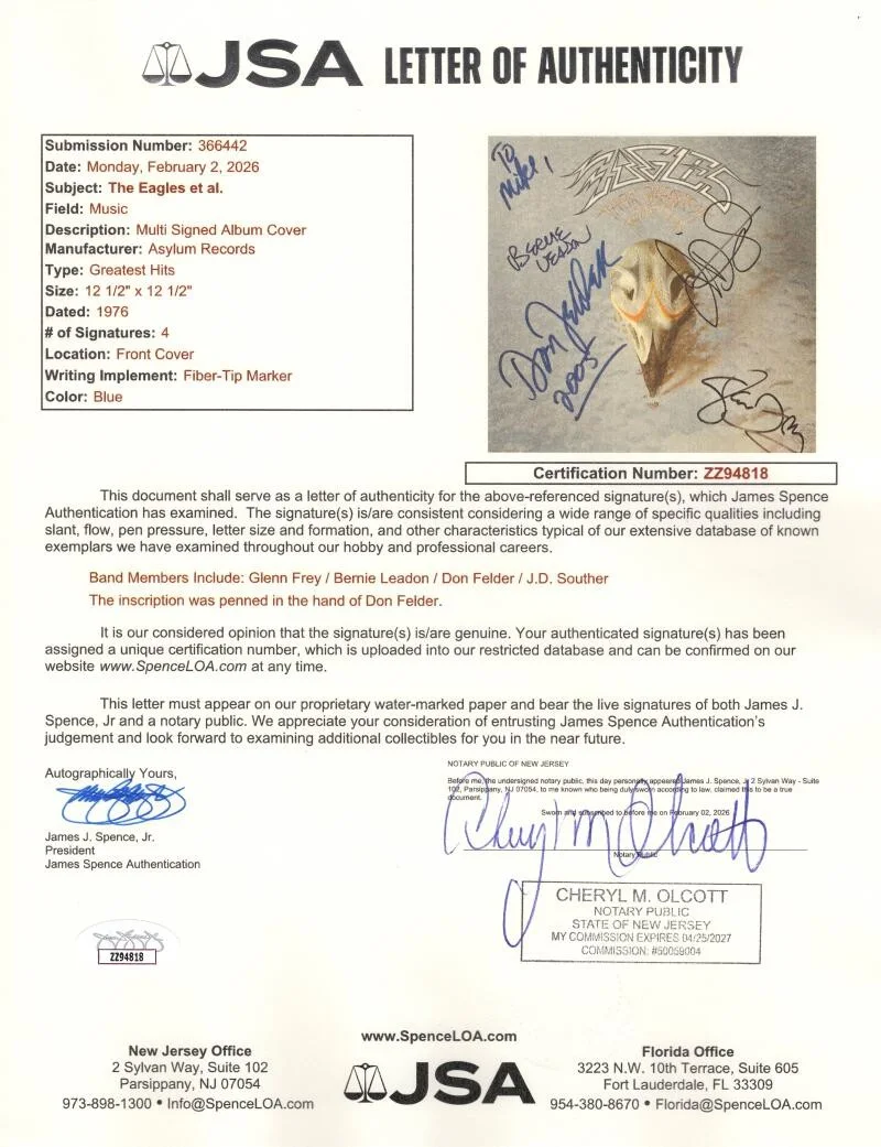 Don Felder, Glenn Frey, Bernie Leadon, JD Souther — Eagles Band Signed Autograph Greatest Hits Album - Don Felder Glenn Frey +2 JSA, изображение 3