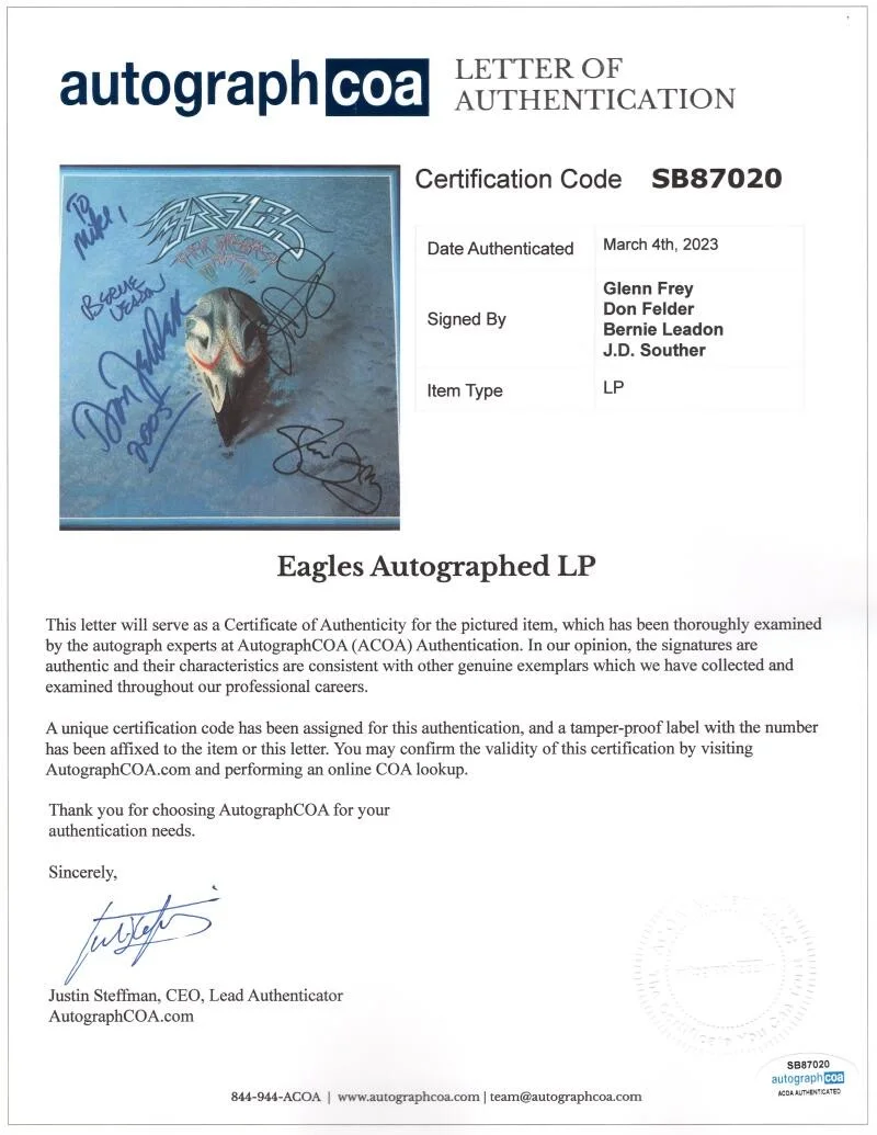 Don Felder, Glenn Frey, Bernie Leadon, JD Souther — Eagles Band Signed Autograph Greatest Hits Album - Don Felder Glenn Frey +2 JSA, изображение 4