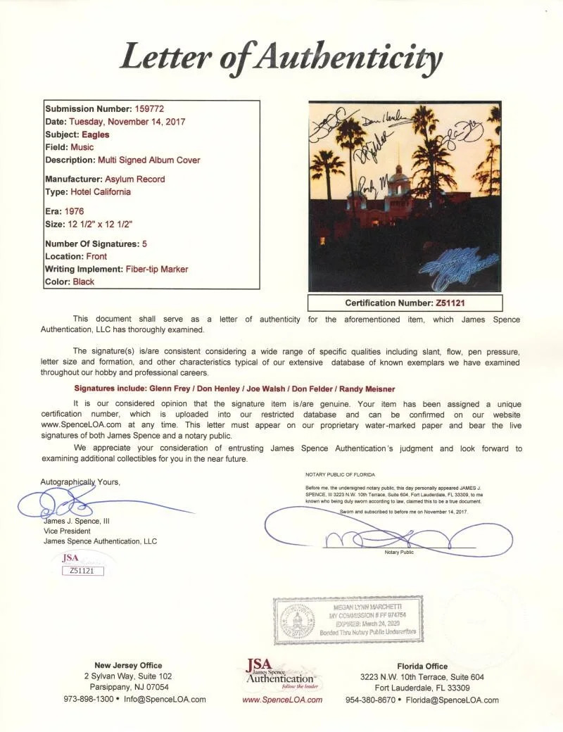 Don Felder, Glenn Frey, Don Henley, Randy Meisner, Joe Walsh — Eagles Signed Autograph Hotel California Album Don Henley Frey Walsh +2 JSA COA, image 5