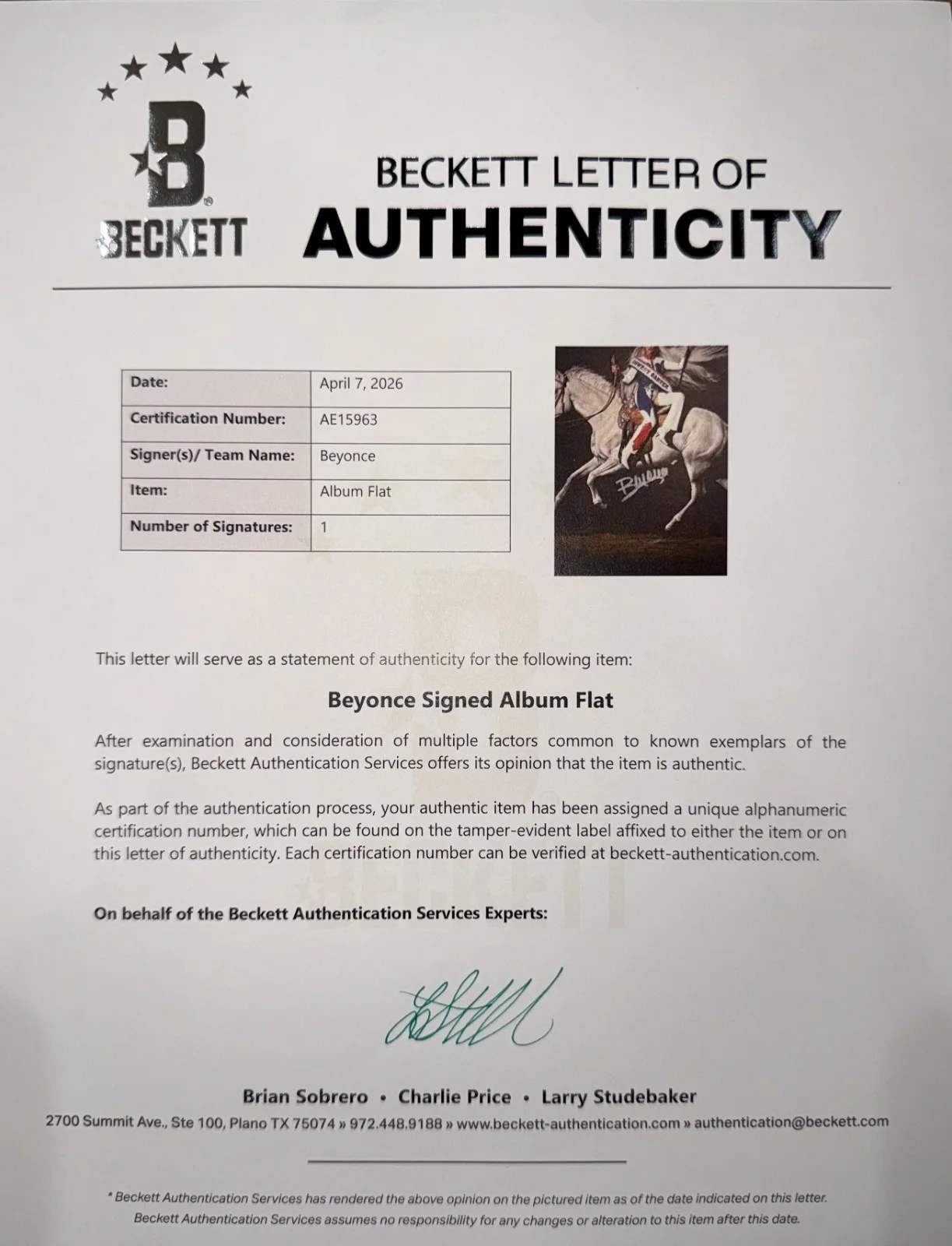 BEYONCE SIGNED COWBOY CARTER VINYL ALBUM INSERT BAS BECKETT AUTHENTICATED, image 2