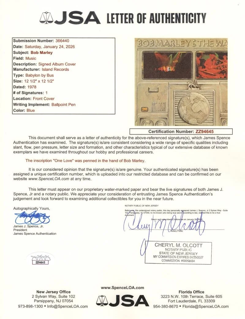 Bob Marley — Bob Marley Signed Autograph Album Vinyl Record w/ One Love Inscription JSA COA, изображение 4