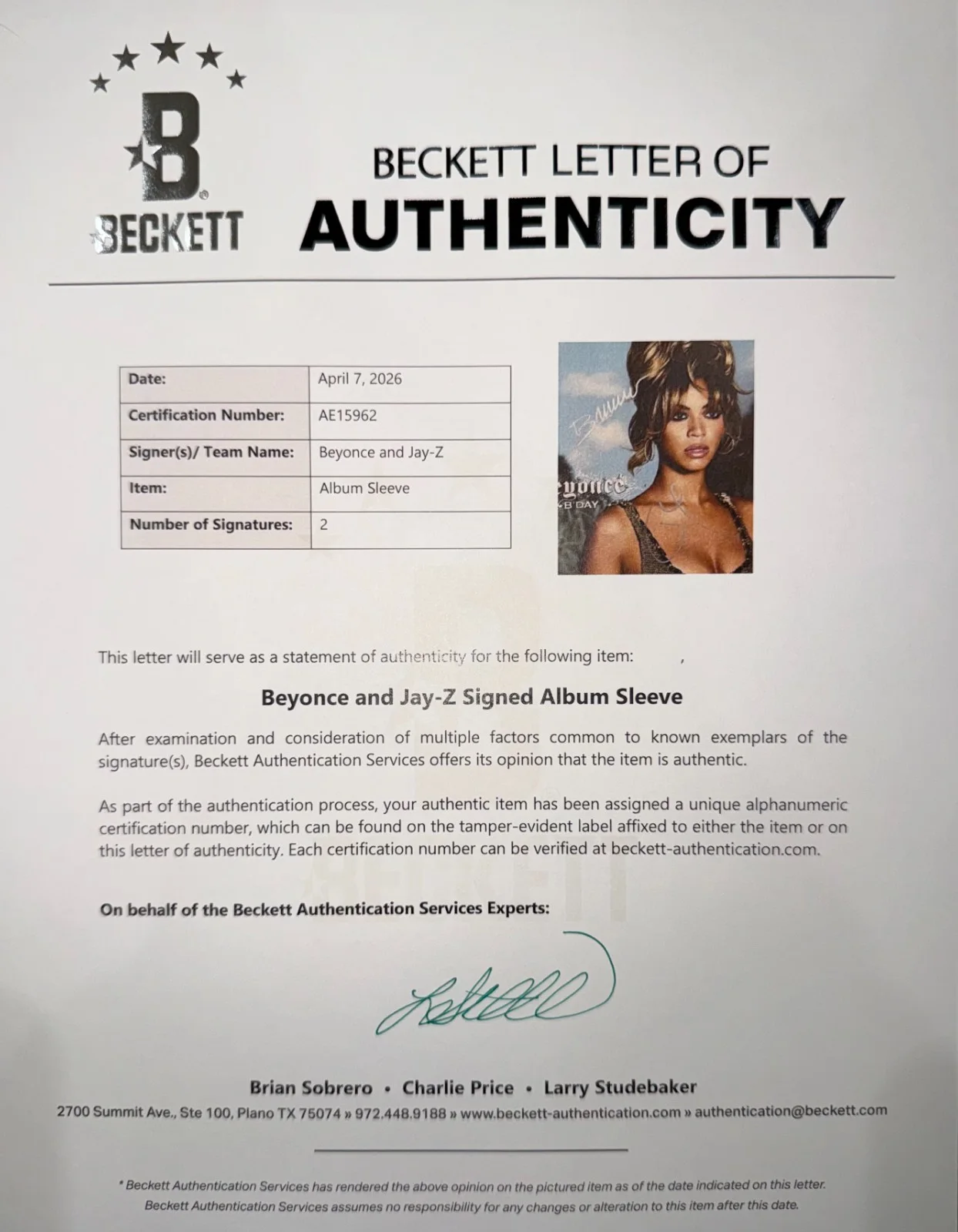 BEYONCE AND JAY-Z SIGNED B-DAY VINYL ALBUM BECKETT BAS AUTHENTICATED LOA RARE!, image 3