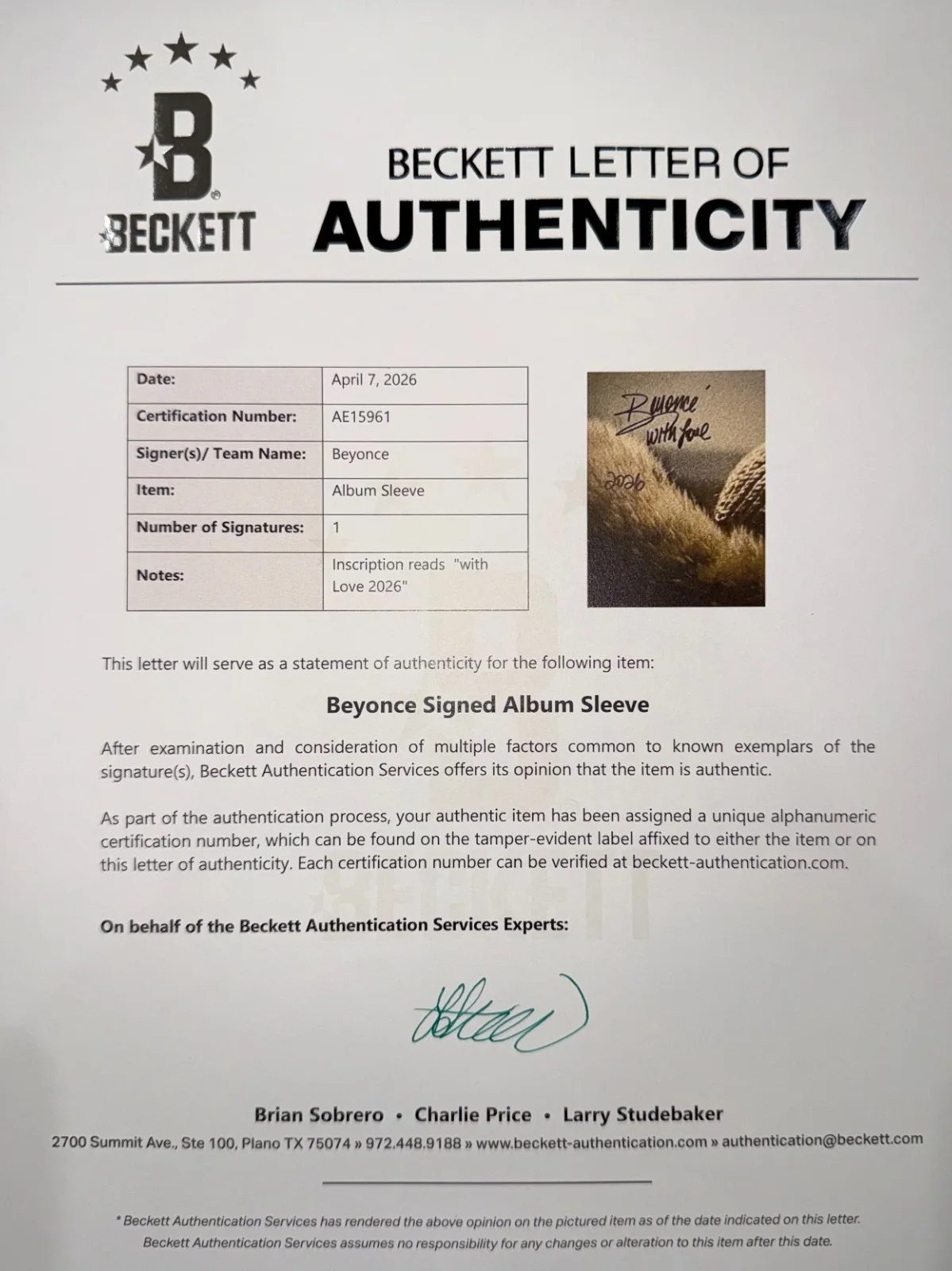BEYONCE SIGNED VINYL LEMONADE ALBUM WITH RARE INSCRIPTION AND BECKETT LOA, изображение 2