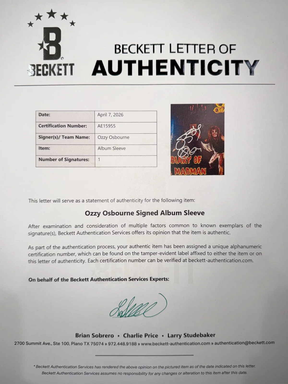 OZZY OSBOURNE SIGNED DIARY OF A MADMAN VINYL ALBUM BAS BECKETT AUTHENTICATED, image 2