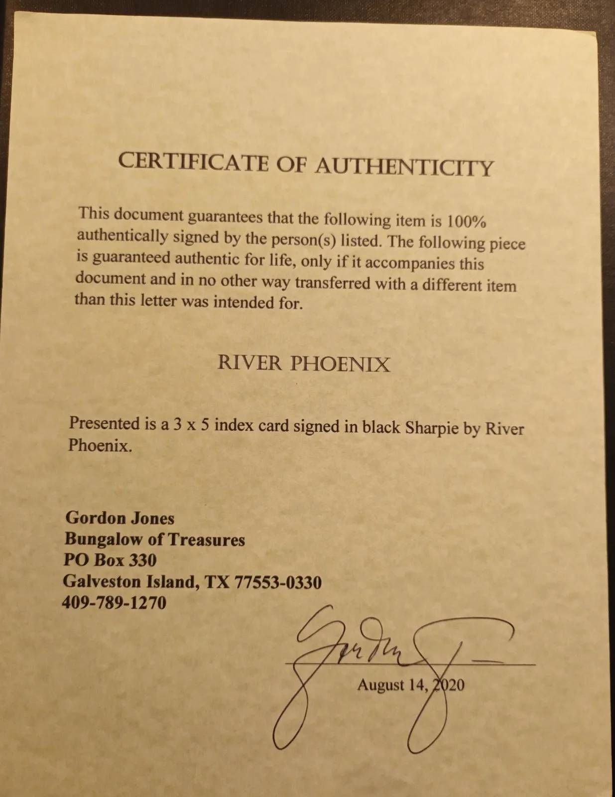 RIVER PHOENIX signed 3x5 Index Card with COA, image 2