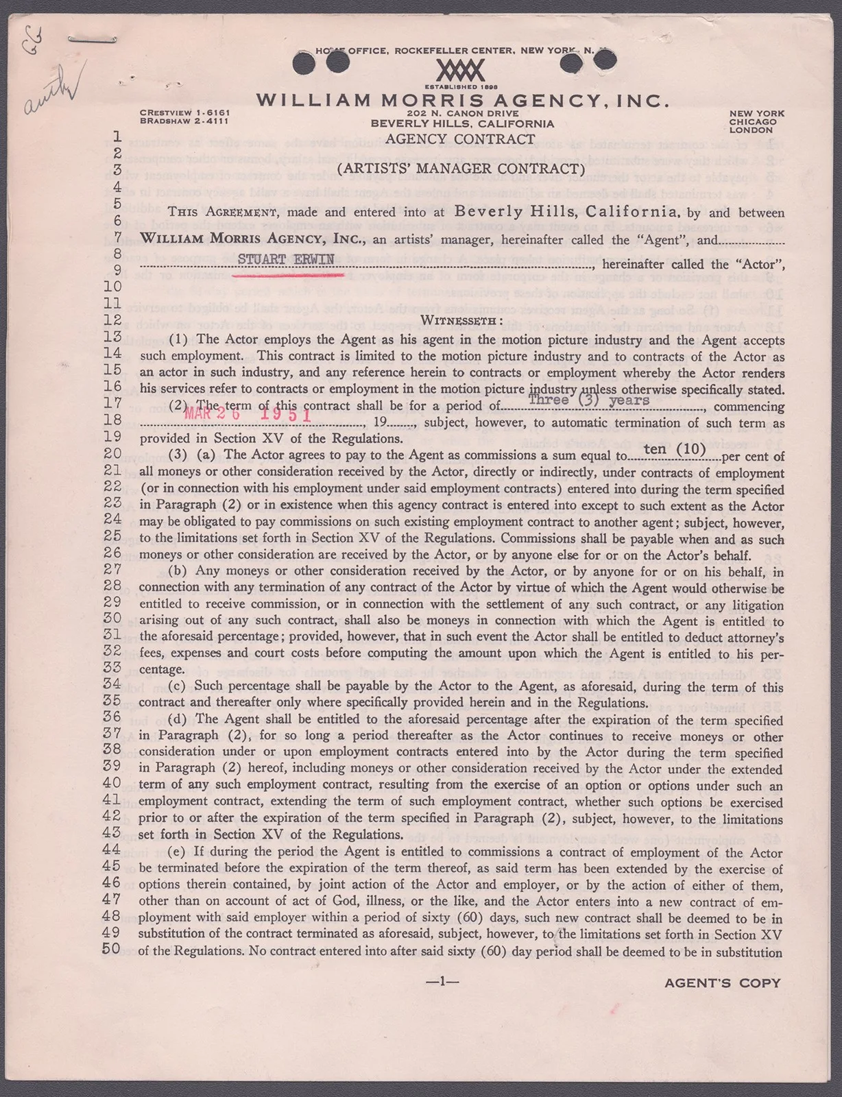 Stuart Erwin — STUART ERWIN - CONTRACT SIGNED 03/26/1951