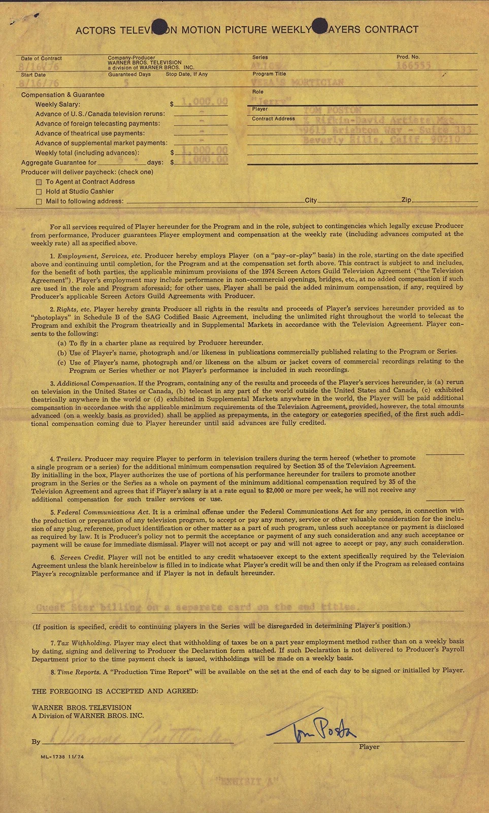 Tom Poston — TOM POSTON - DOCUMENT SIGNED 08/16/1976