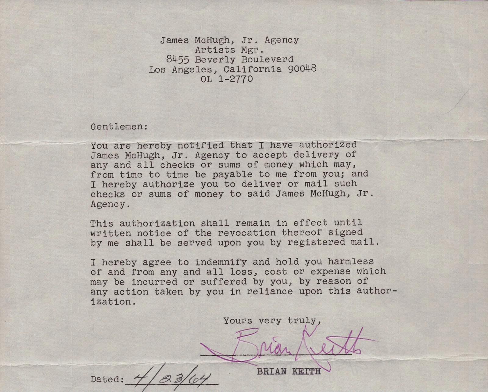 Brian Keith — BRIAN KEITH - DOCUMENT SIGNED 04/23/1964