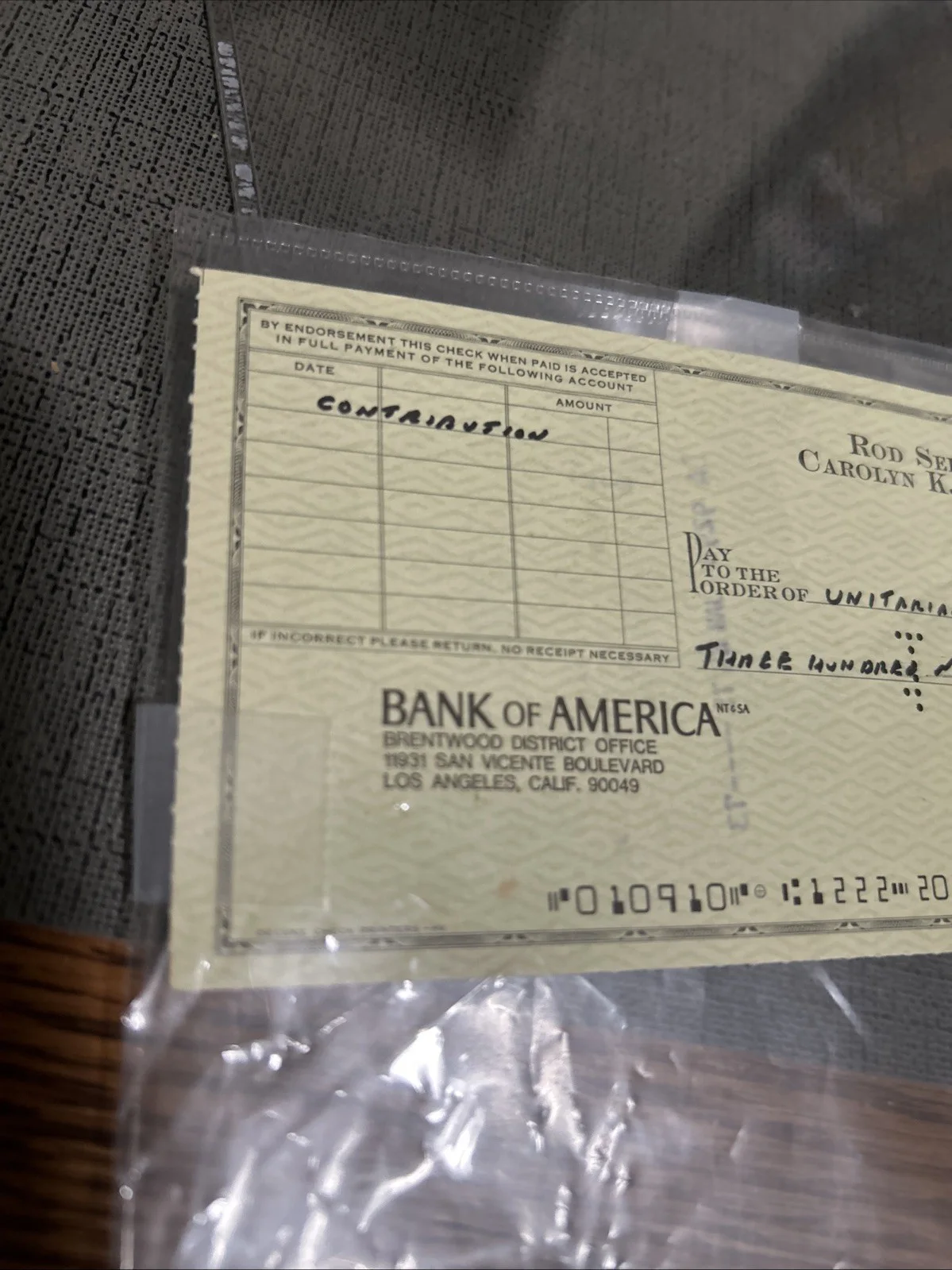 Rod Serling — Rod Serling Signed Check #10910 Church Contribution Twilight Zone Creator Sci-fi, image 2
