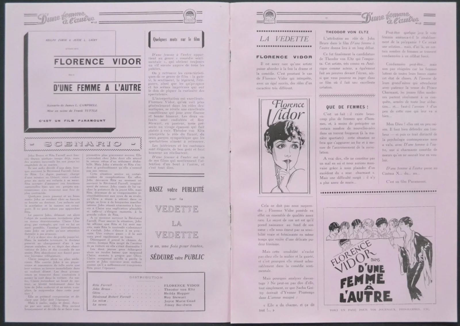 ONE WOMAN TO ANOTHER 1927 Florence Vidor, Theodore von Eltz FRENCH PRESSBOOK, изображение 2