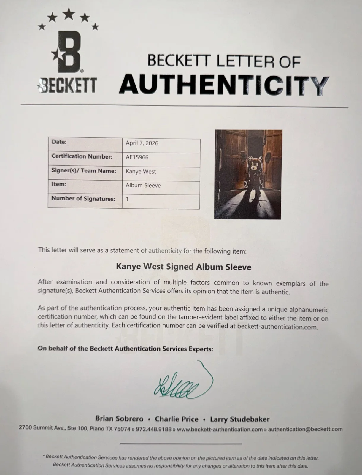 KANYE WEST SIGNED ALBUM BECKETT BAS AUTHENTICATED LATE REGISTRATION RARE!, изображение 2