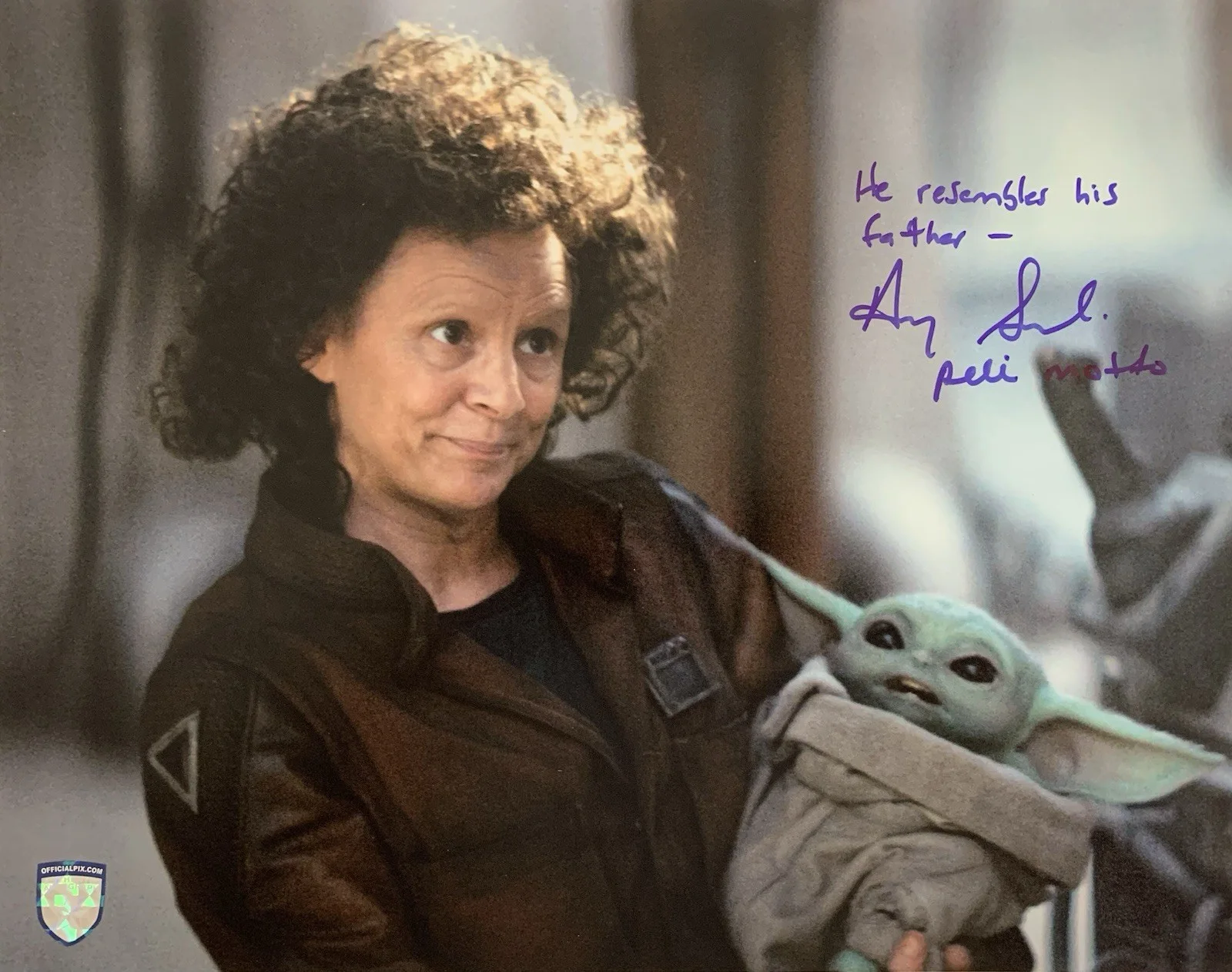 Amy Sedaris — Amy Sedaris "Peli Motto" with Grogu Signed/Inscribed 11x14 Official Pix Photo