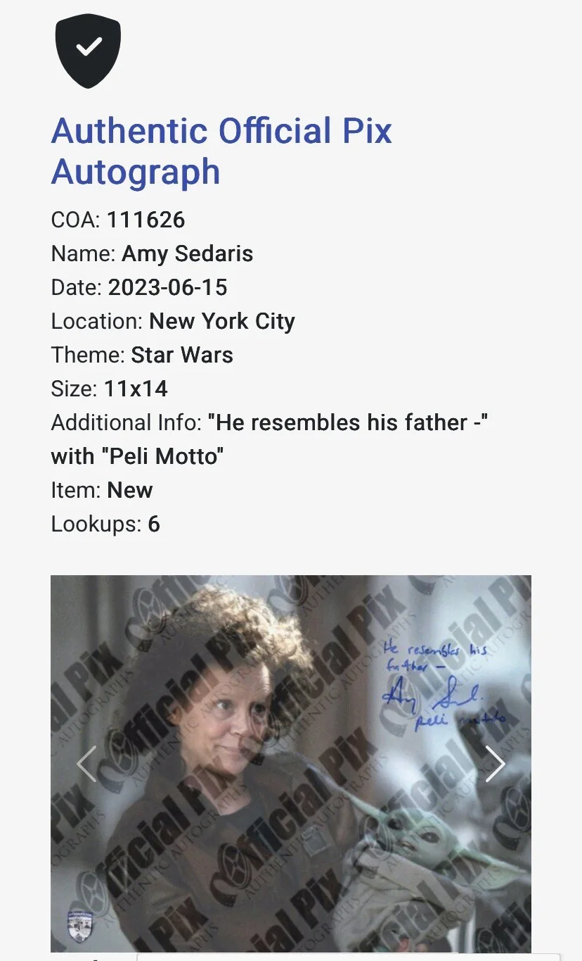 Amy Sedaris — Amy Sedaris "Peli Motto" with Grogu Signed/Inscribed 11x14 Official Pix Photo, изображение 3
