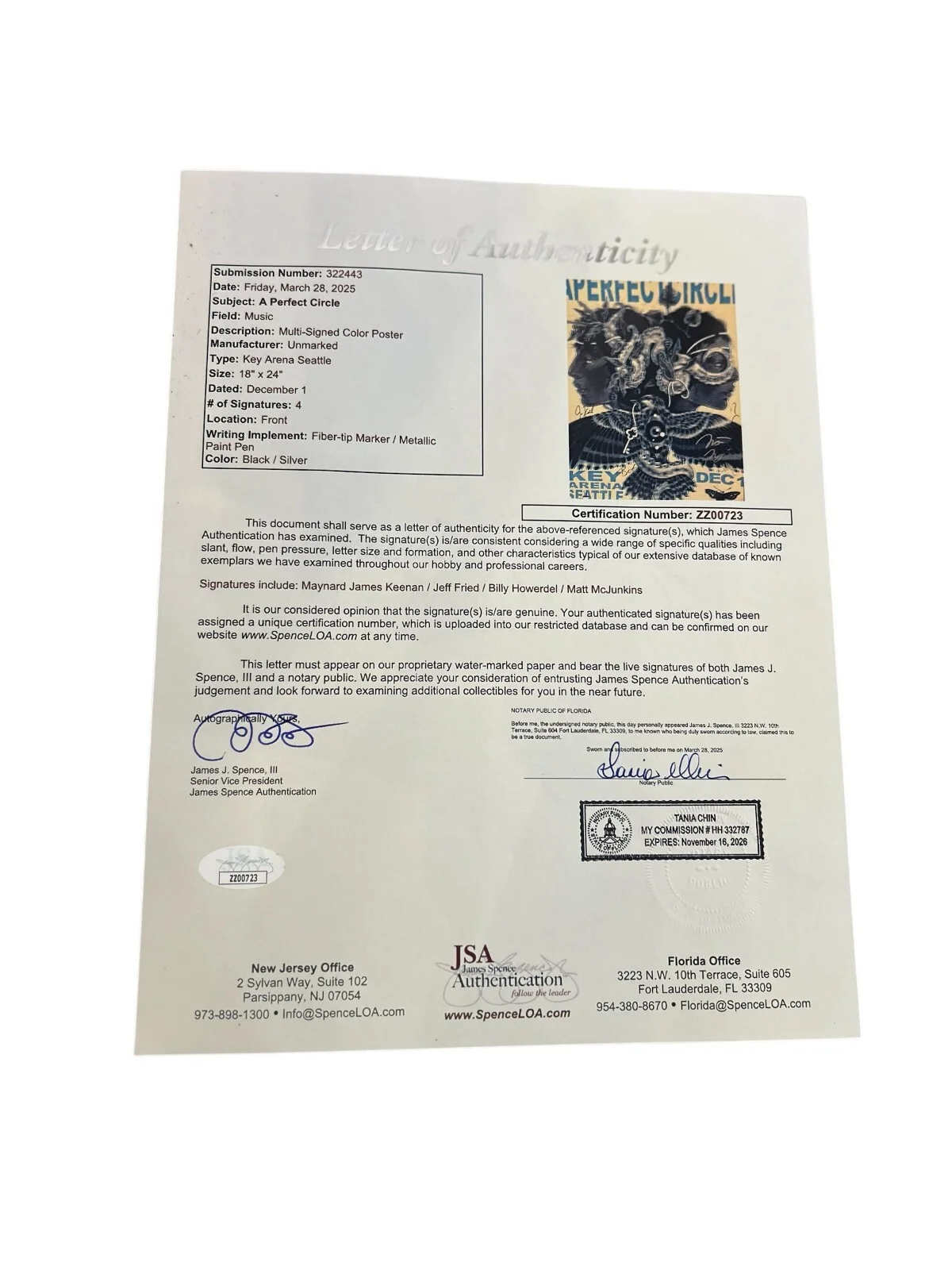 A Perfect Circle signed Seattle Key Arena December 1st Tour Poster JSA COA, изображение 5
