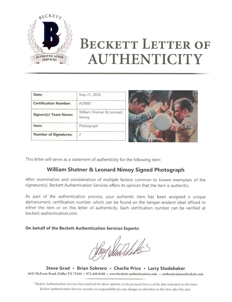 LEONARD NIMOY WILLIAM SHATNER DUAL SIGNED 11x14 PHOTO STAR TREK TOS BECKETT BAS, изображение 4