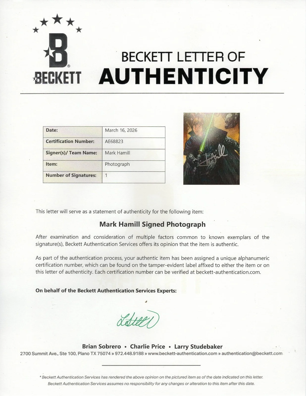Mark Hamill — MARK HAMILL Signed Auto Star Wars "LUKE SKYWALKER" 11x14 Photo OPX & Beckett, image 4