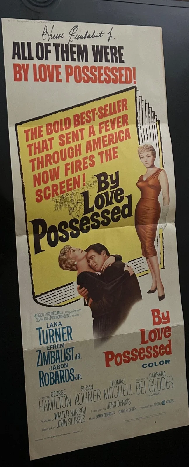 Efrem Zimbalist Jr — BY LOVE POSSESSED 1961 INSERT 14X36 MOVIE Poster, Autograph Efrem Zimbalist Jr