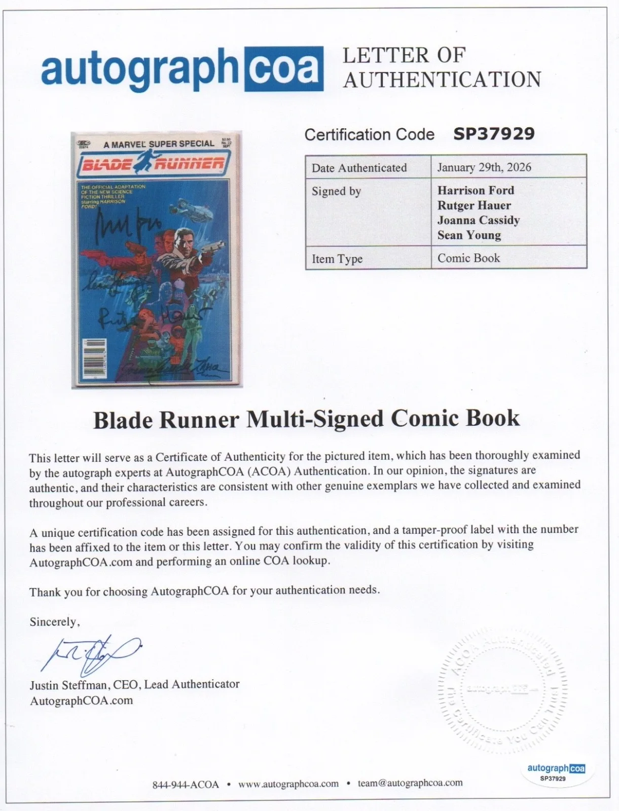 Harrison Ford, Rutger Hauer, Sean Young, Joanna Cassidy — FORD HAUER YOUNG CASSIDY signed BLADE RUNNER comic AUTOGRAPH auto ACOA very rare, image 2