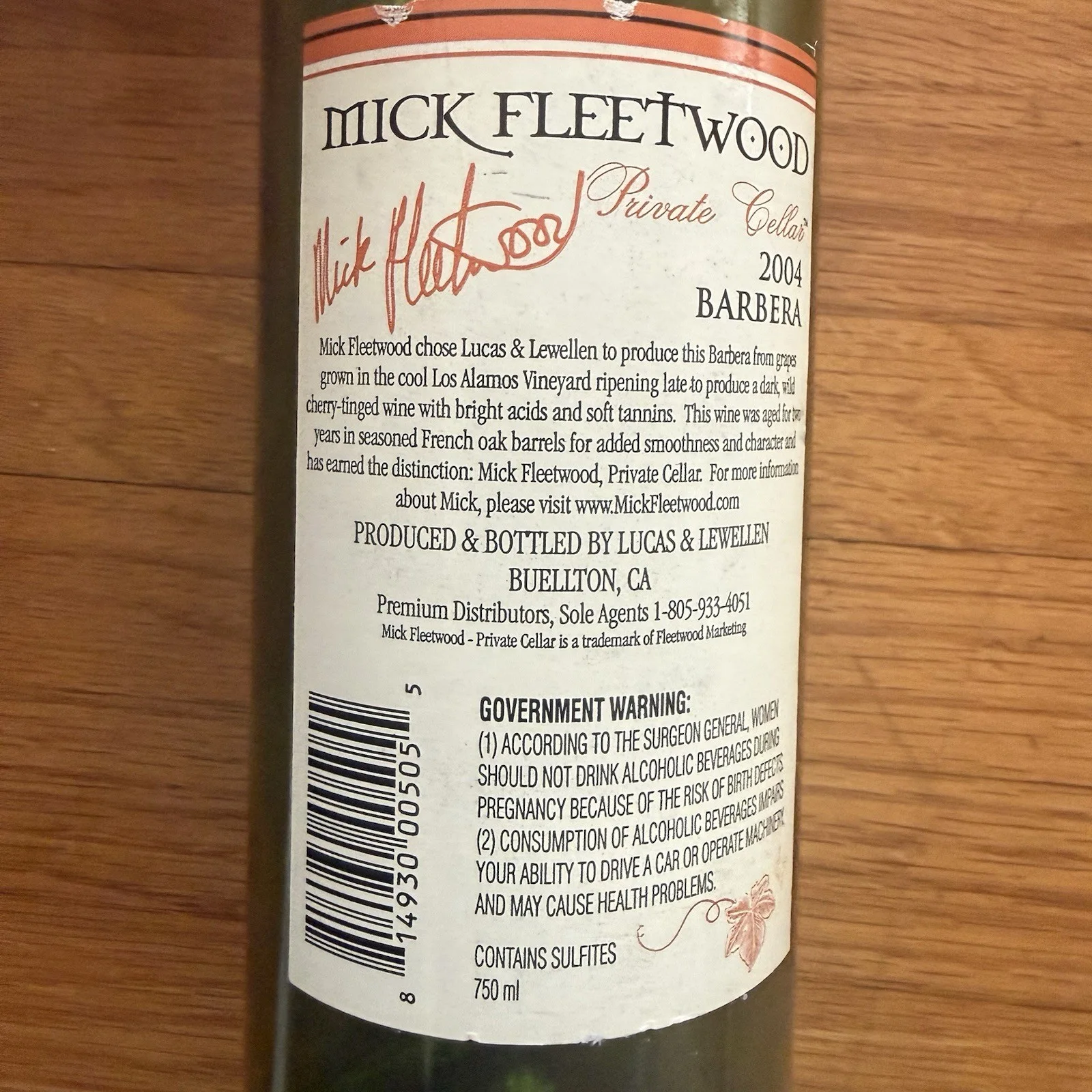 Mick Fleetwood Mac Signed Autographed Private Cellar Wine Bottle Barbera, image 5