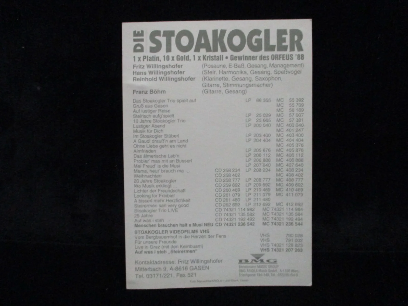 DIE STOAKOGLER Austria Folk Music Band Fritz Hans Etc Autographed 4"x6" Card, изображение 2