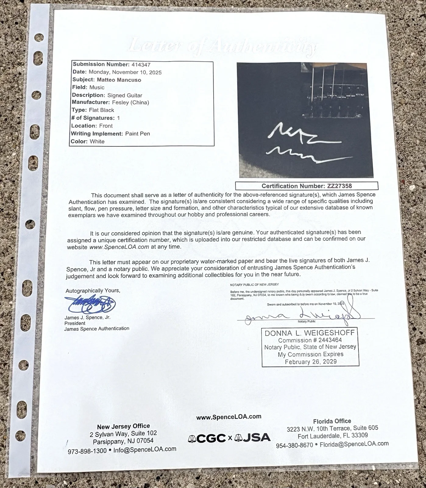 MATTEO MANCUSO SIGNED Guitar JSA AUTHENTICATION LETTER Matte Black, image 4