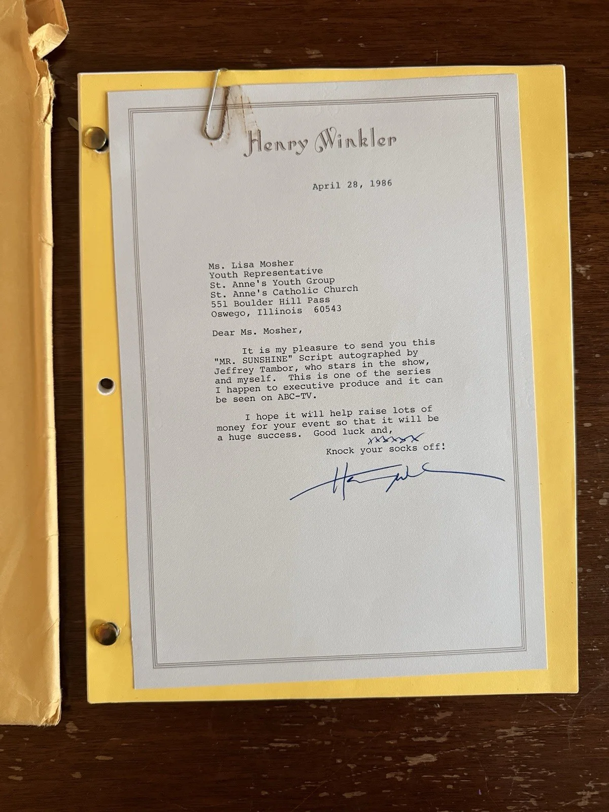 Henry Winkler — Autographed Script Mr Sunshine Henry Winkler Jeffrey Tambor 80s TV Paramount, image 3