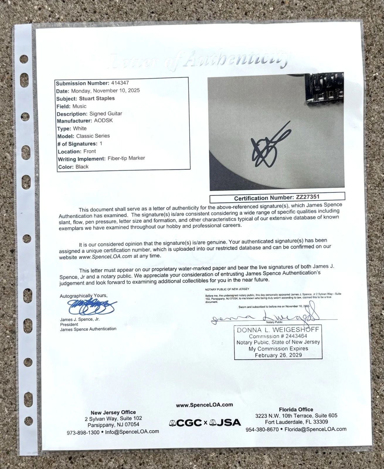 TINDERSTICKS Stuart Staples SIGNED Guitar JSA AUTHENTICATION LETTER, image 5