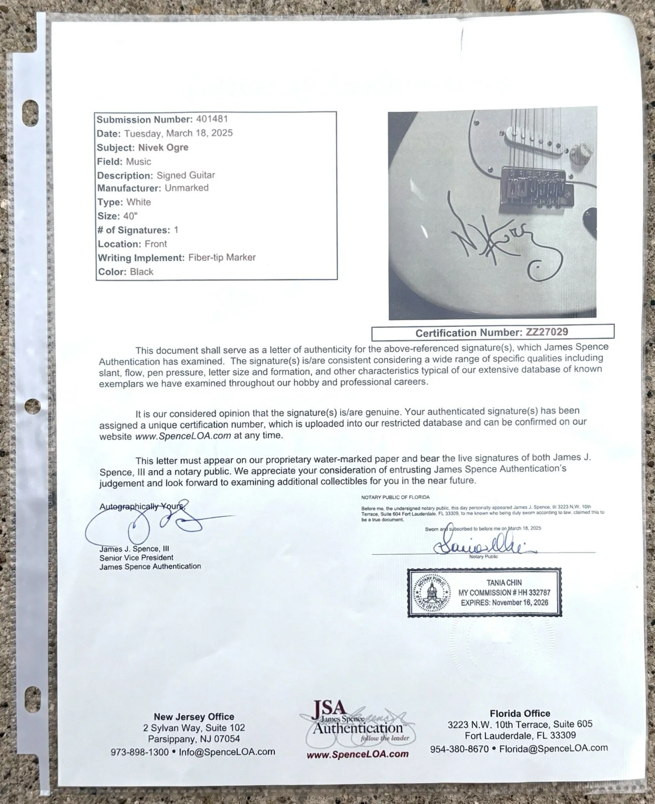 SKINNY PUPPY Nivek Ogre SIGNED Guitar JSA AUTHENTICATION LETTER, изображение 3