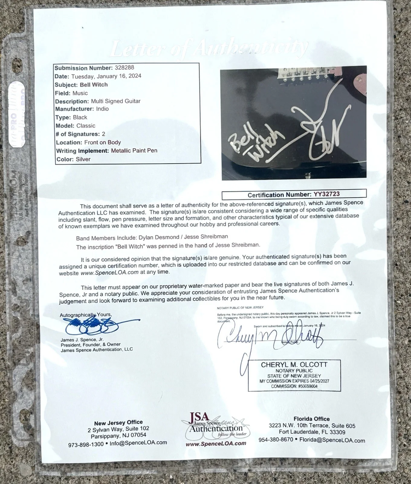 BELL WITCH Band SIGNED Guitar JSA AUTHENTICATION LETTER, image 4