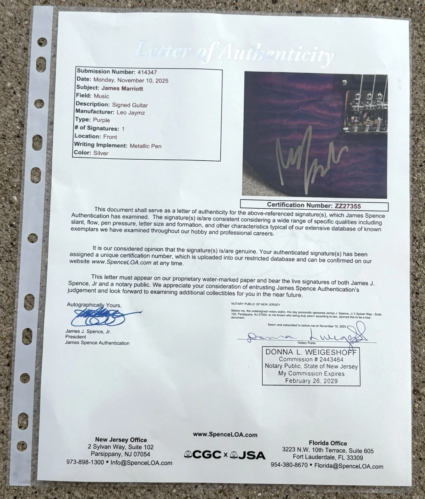 JAMES MARRIOTT SIGNED Purple Guitar JSA AUTHENTICATION LETTER Grapes, image 5