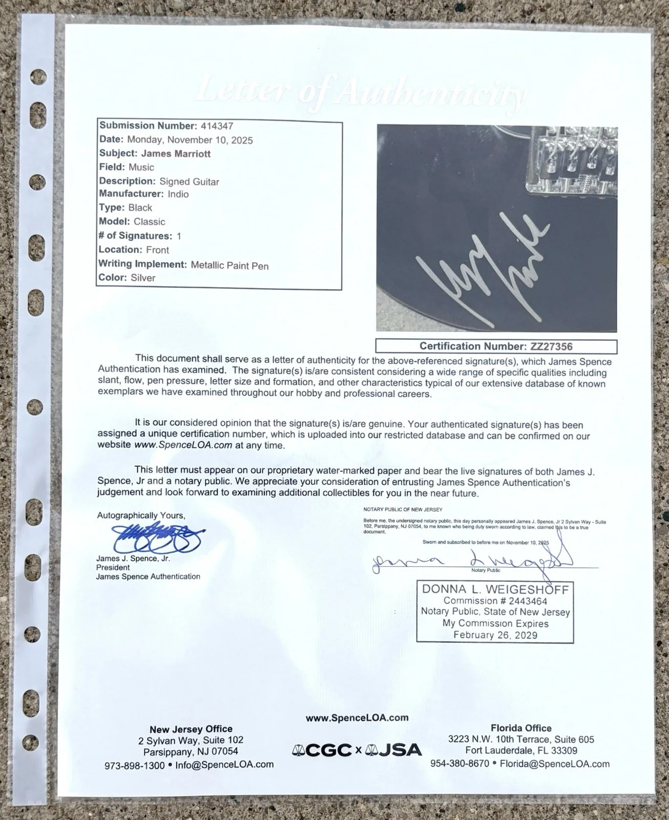 JAMES MARRIOTT SIGNED Guitar JSA AUTHENTICATION LETTER Car Lights, image 4