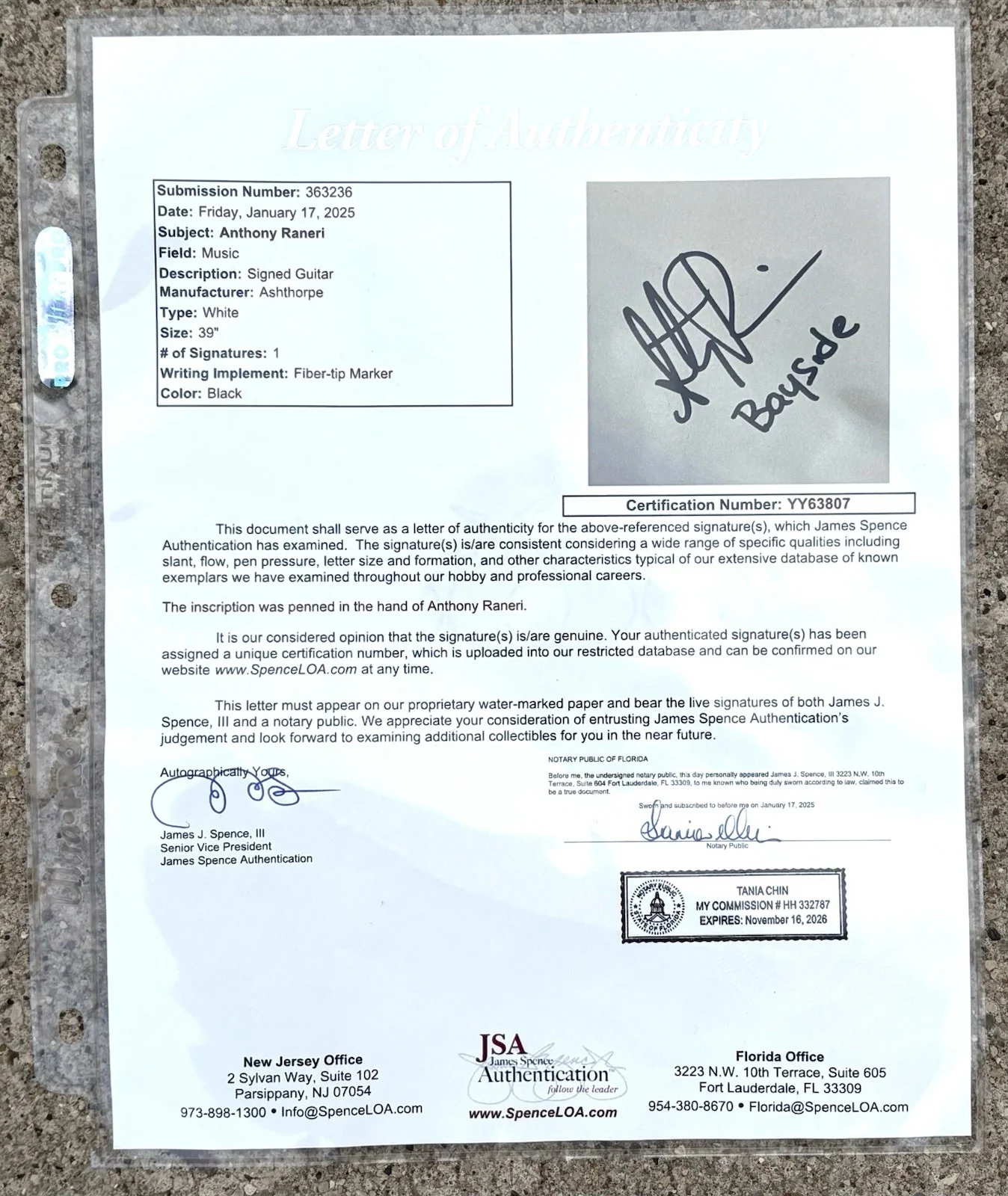 BAYSIDE Anthony Raneri SIGNED Guitar JSA AUTHENTICATION LETTER, image 5